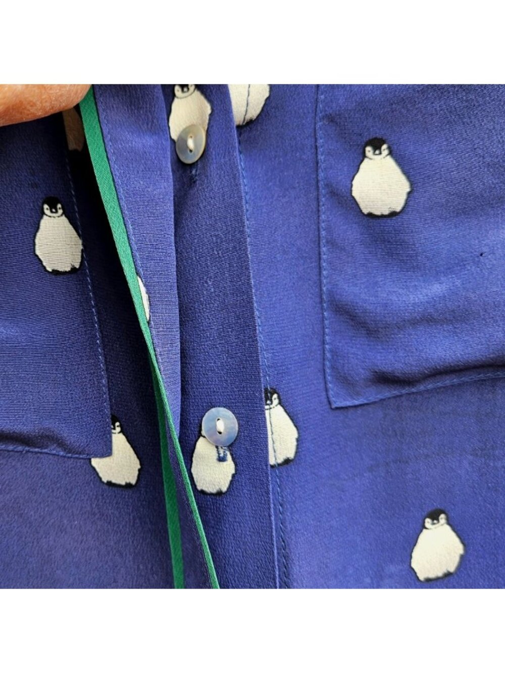 Alcée for Barneys New York Co-Op Silk Penguin Print Shirt Green Trim XS to S - Picture 6 of 11